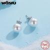 WOSTU 925 Sterling Silver Shell Pearl Stud Earrings For WOmen Wedding Jewelry White Pearl Engagement Ear Studs Party Gift 8-12MM