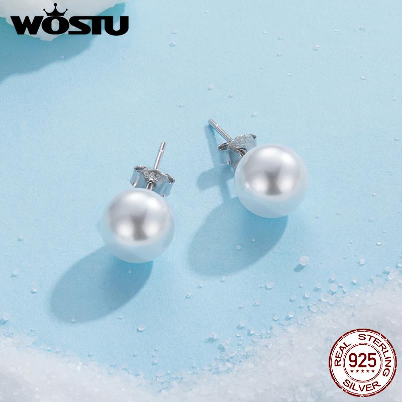 WOSTU 925 Sterling Silver Shell Pearl Stud Earrings For WOmen Wedding Jewelry White Pearl Engagement Ear Studs Party Gift 8-12MM