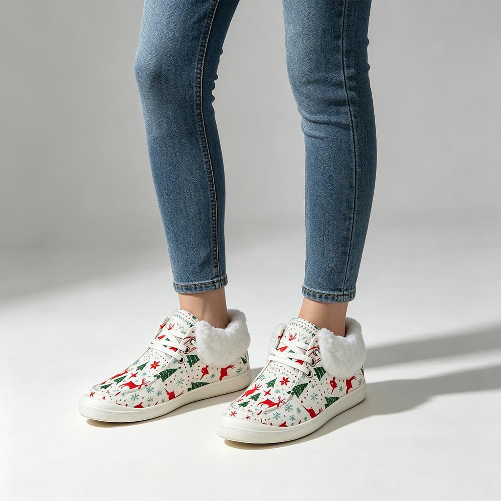 Damen Weihnachts-Print Flache Freizeitschuhe, -gefütterte Warme Baumwoll-Hausschuhe für den Winter