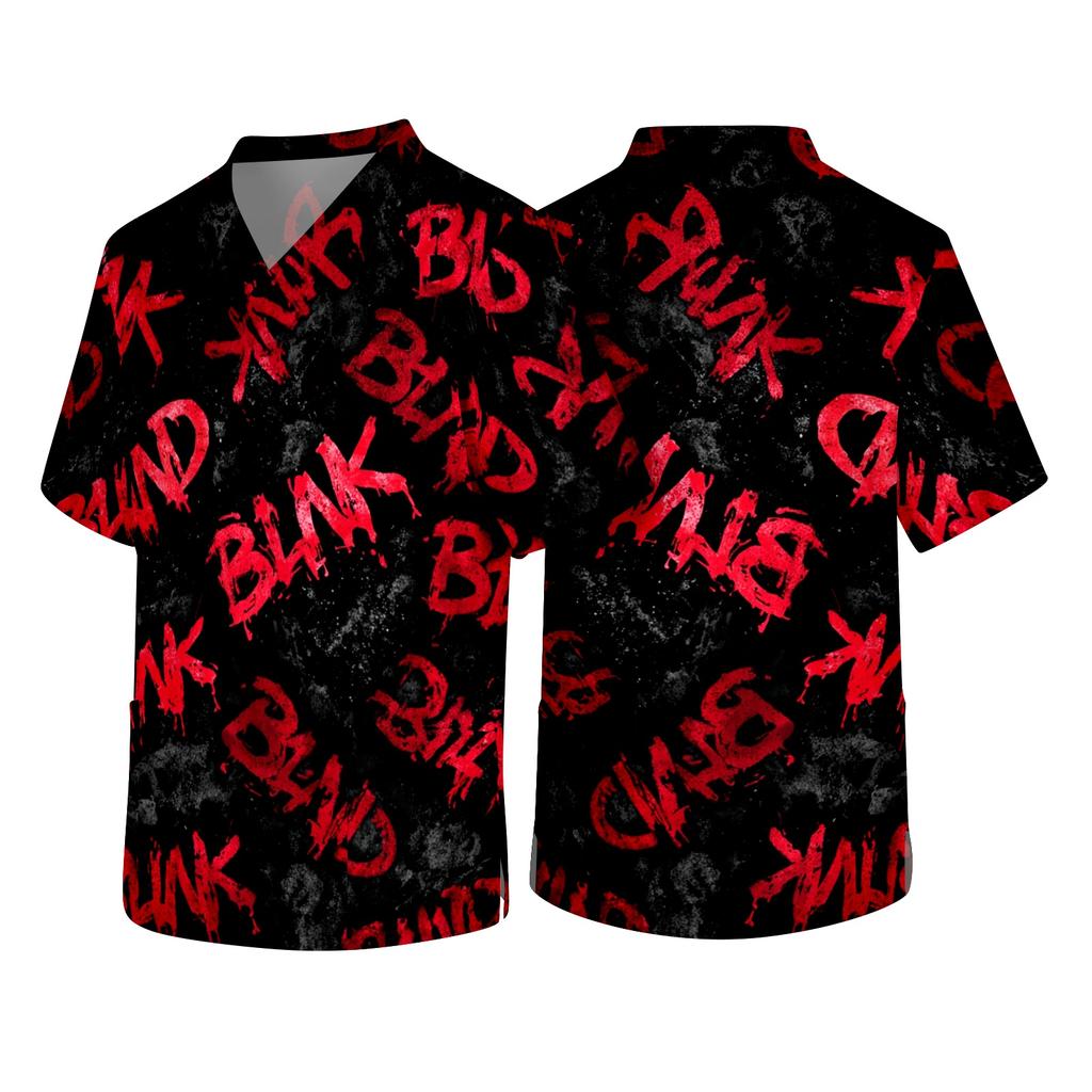 Men's V Neck Halloween Print Medical Scrub Top with Chest Pocket Short Sleeve Comfortable Fit Lightweight Fabric
