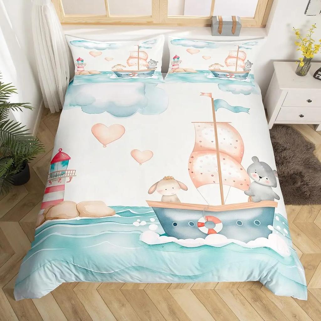 Aquarell Leuchtturm Segelboot Bettbezug Eiffelturm Bettwäscheset Nautisches Abenteuer Tagesdecke Polyester Steppdeckenbezug