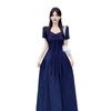 Plus Size Elegant French Style High Waist Bowknot Dress - Short Sleeve, Solid Color, Skin-Brightening, Slimming, Long Length