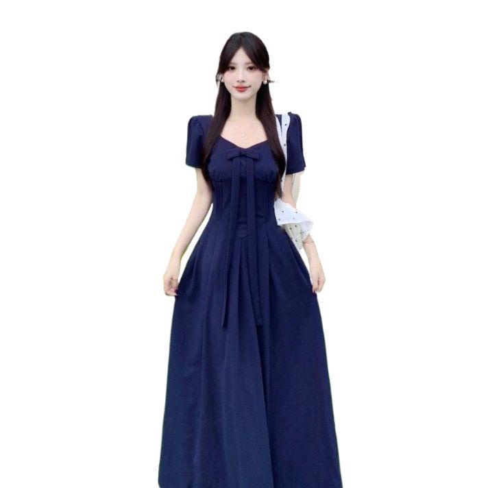Plus Size Elegant French Style High Waist Bowknot Dress - Short Sleeve, Solid Color, Skin-Brightening, Slimming, Long Length