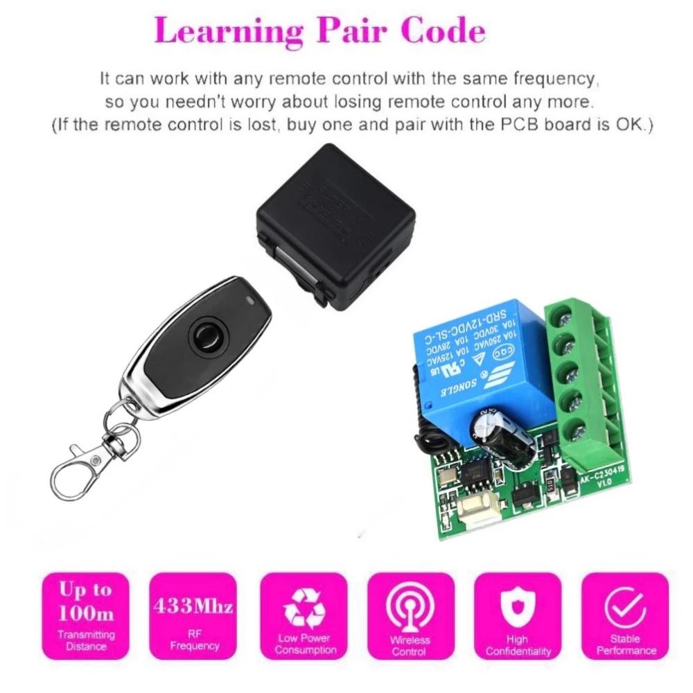433MHz Fernbedienung Kabelloser Schalter DC 12V 1-Kanal RF 10A Relais-Empfänger und 2-Kanal-Sender für Tür-Elektromagnetisches Schloss