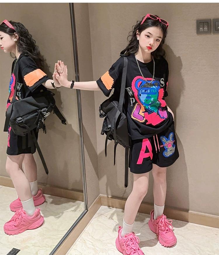 Summer Children Girl's Clothes Cartoon Bear Printed T-shirts and Shorts Suit Teenage Hip Hop Short Sleeve 2pc Top Bottom Outfits