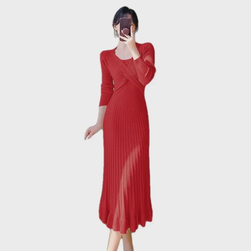 Korean Style Women's Long Over-the-Knee Sweater Dress with Fishtail Hem for Autumn/Winter