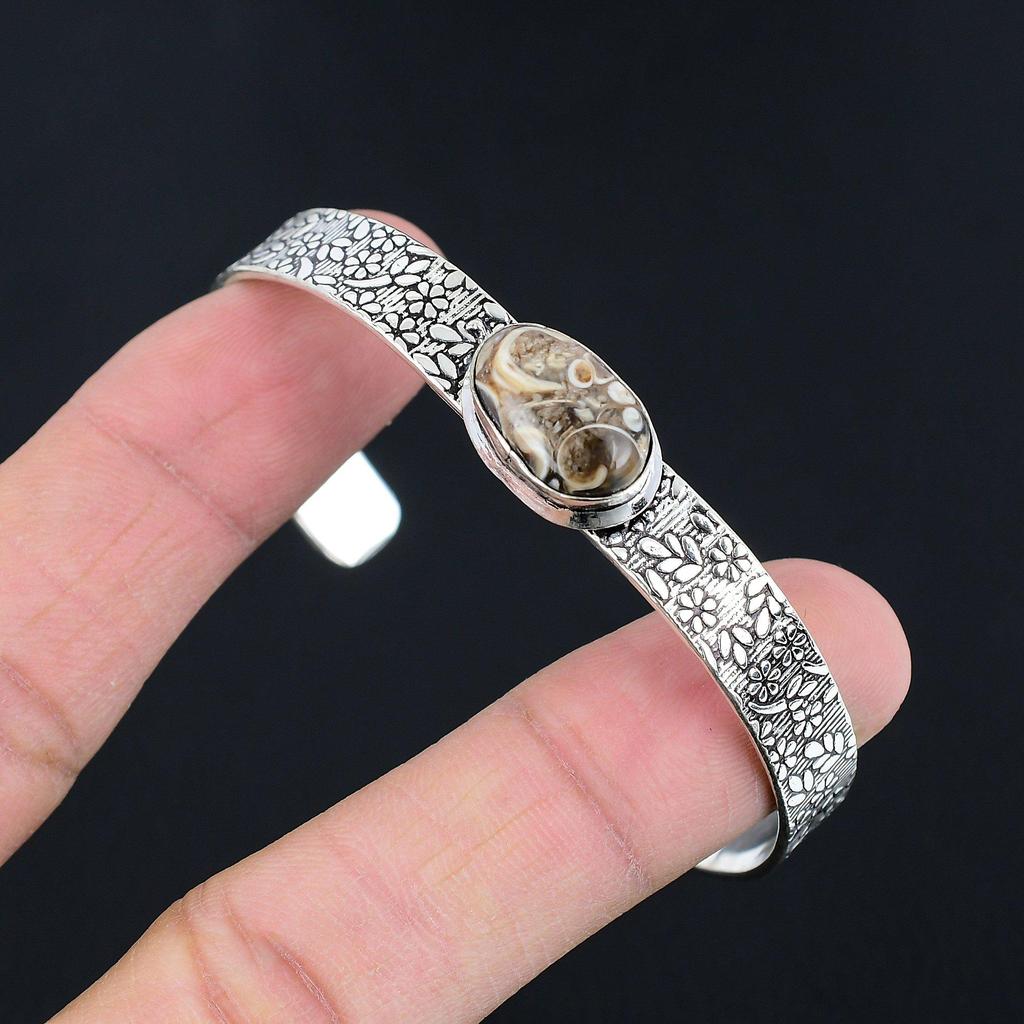 Daughters Day Sale Turritella Agate Gemstone Sterling Silver Wife Bangle Jewelry