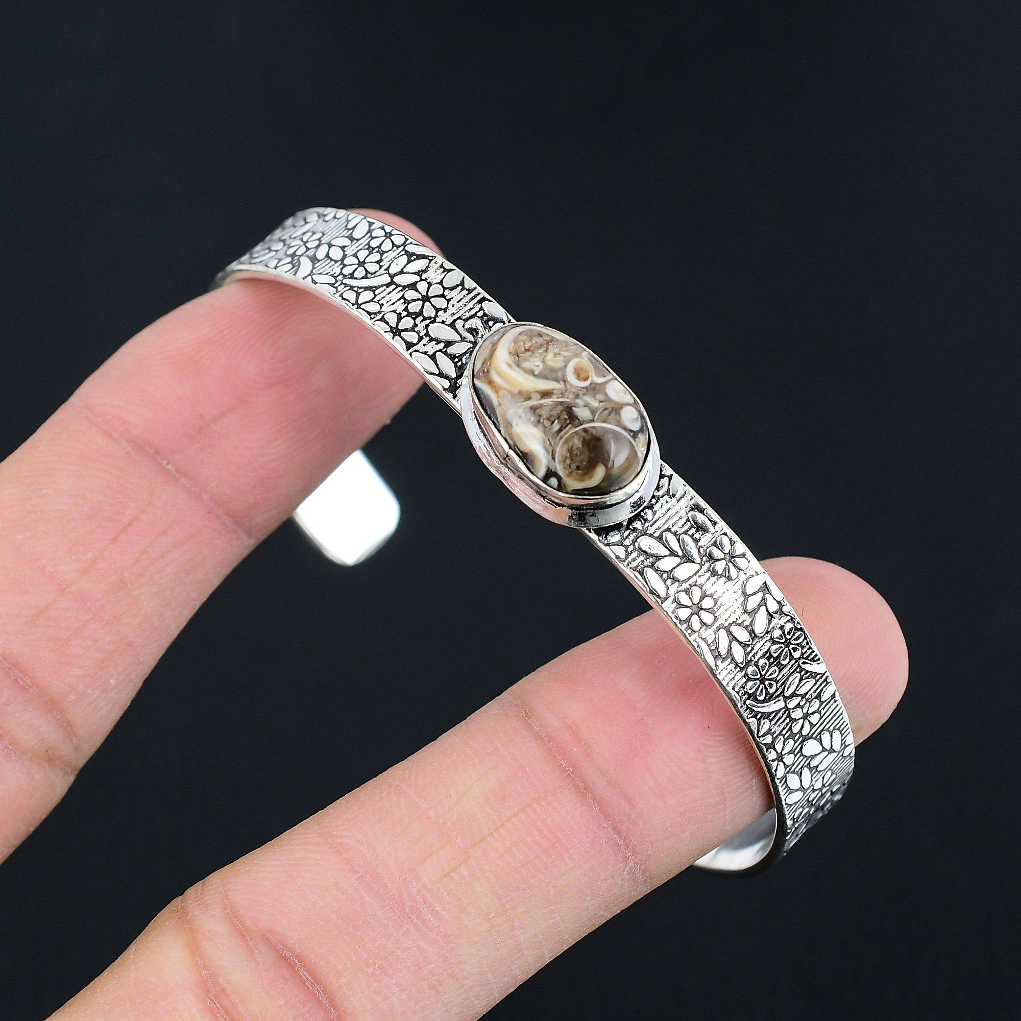 

Daughters Day Sale Turritella Agate Gemstone Sterling Silver Wife Bangle Jewelry Adjustable