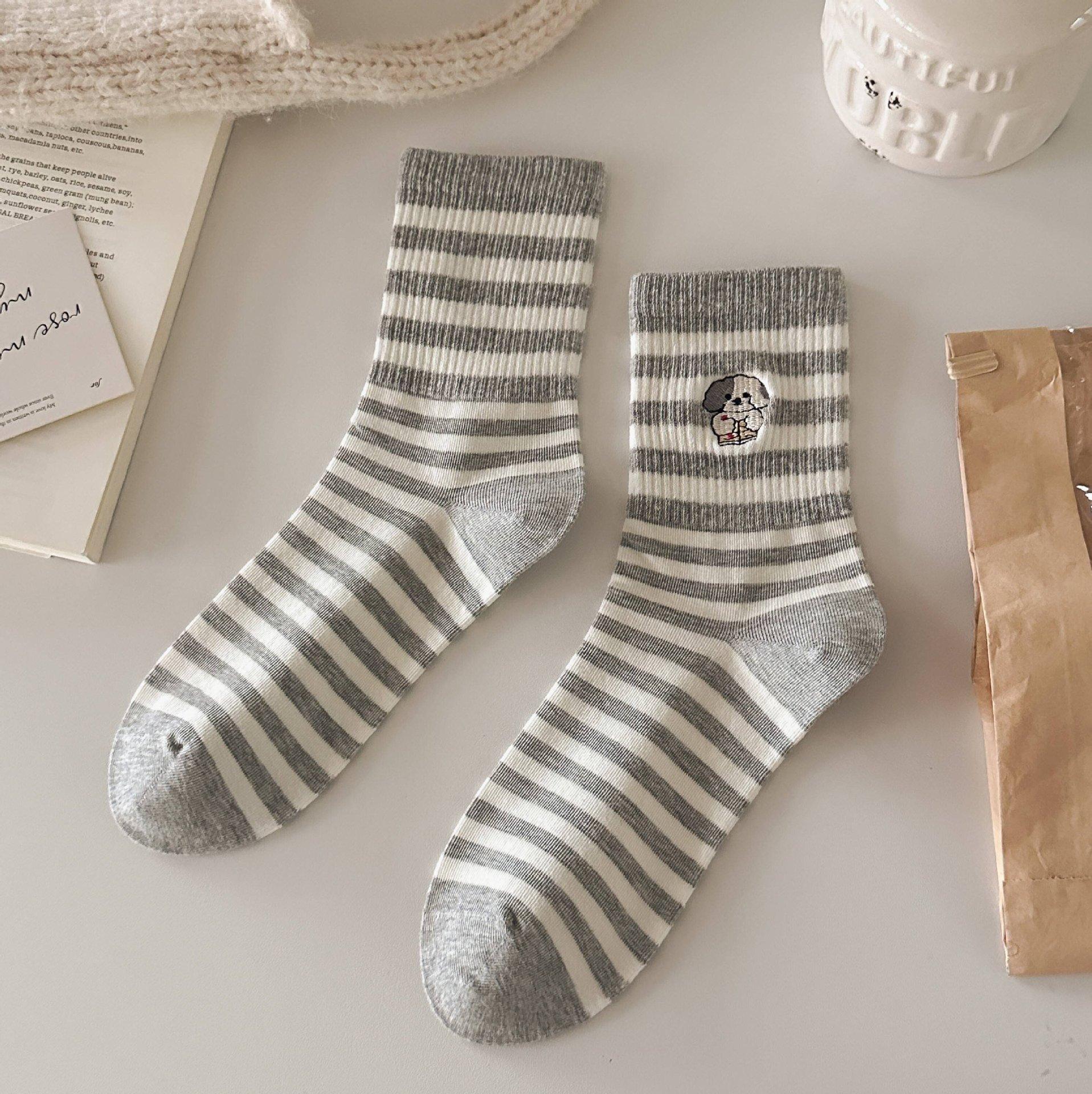 

New Cartoon Gray Animal Puppy Lace Striped Socks Trend Versatile Mid-Leg Socks One size fits all