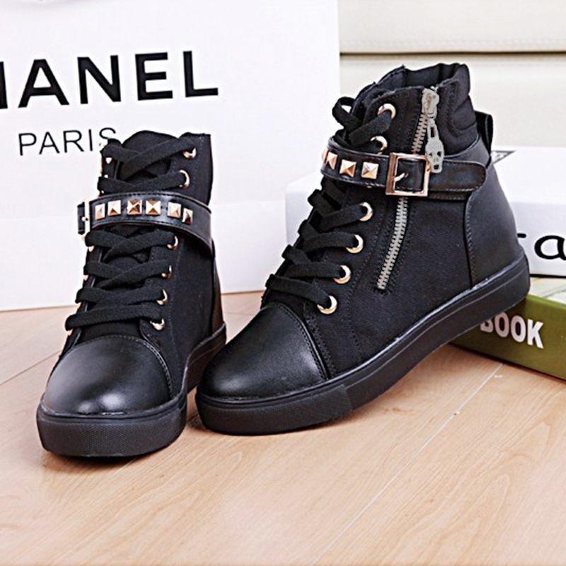 Foreign Trade Canvas Shoes Zipper Rivet Belt Buckle Shoe Chain High-top Leisure Sports Women's Shoes Size 43 Versatile Martin Boots