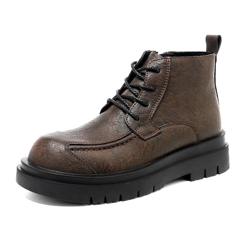 Men's Cowhide Lace-up Martin Boots - Winter Thick Sole, Outdoor Casual, Height-increasing Mid-top Work Shoes