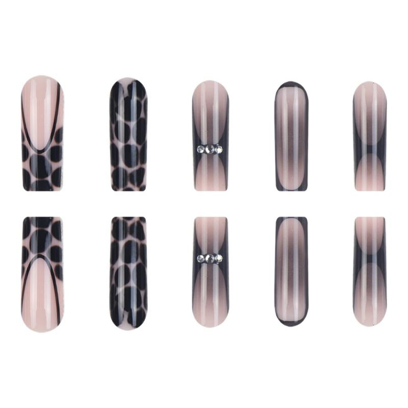 Hot-selling cross-border long water pipe press on nails, black smudge gradient with rhinestones. 24pcs fake nails for overseas wholesale.
