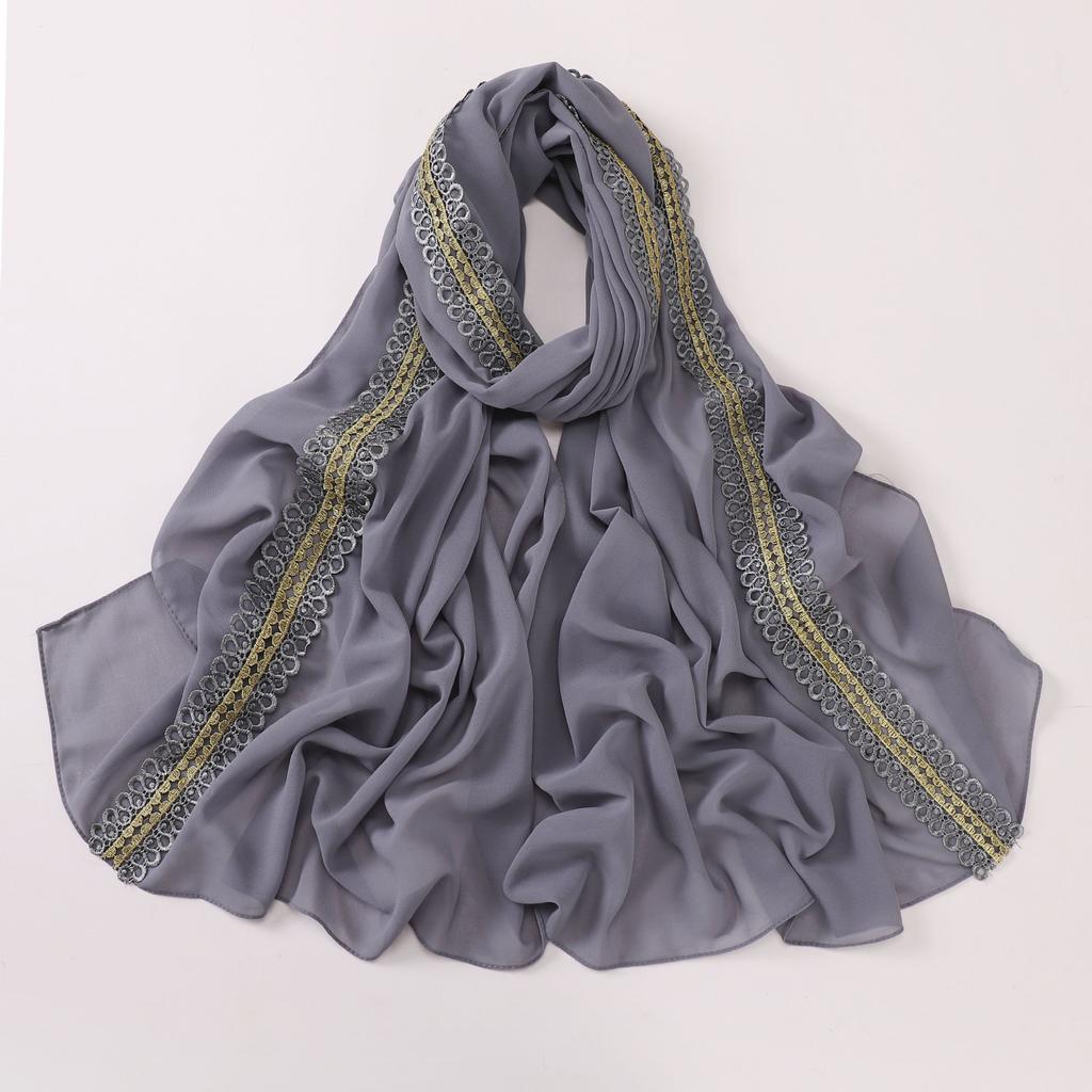 Colored Lace Pearl Bubble Chiffon Hijabs For Women Shawl Scarf High Quality Beads Headband Wrap Foulard Muslim Hijab Turban