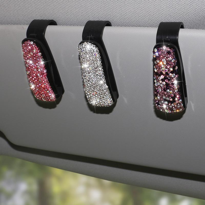 

New Diamond Car Sunglasses Holder Sunglasses Case Crystal Bling Car Accessories Decoration Interior for Women белый