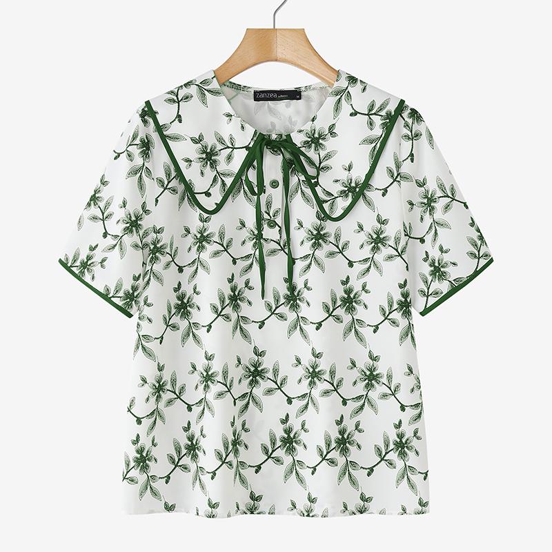 

ZANZEA Женская летняя свободная повседневная блузка с коротким рукавом и принтом S темно-зеленого