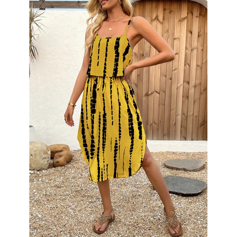 Strappy Printed Dress - Elegant Ink Silk Gauze for Commute and Casual Wear