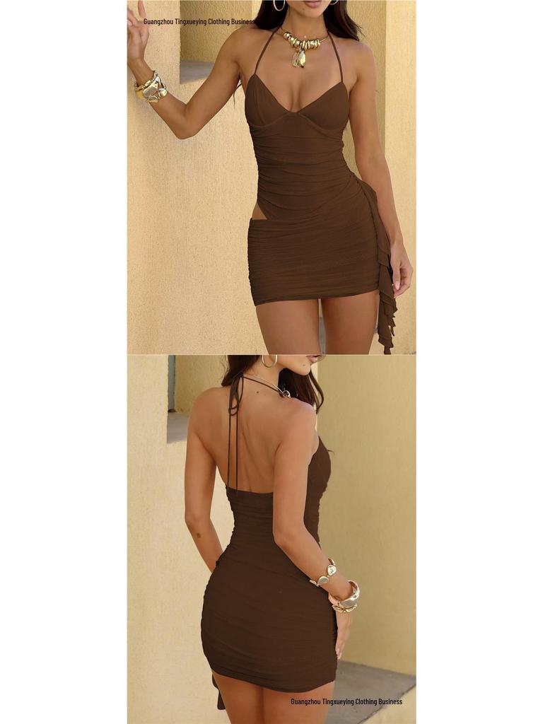 European & American Style Women's Summer Mesh Dress - Sexy Lace-Up Halter Short Skirt