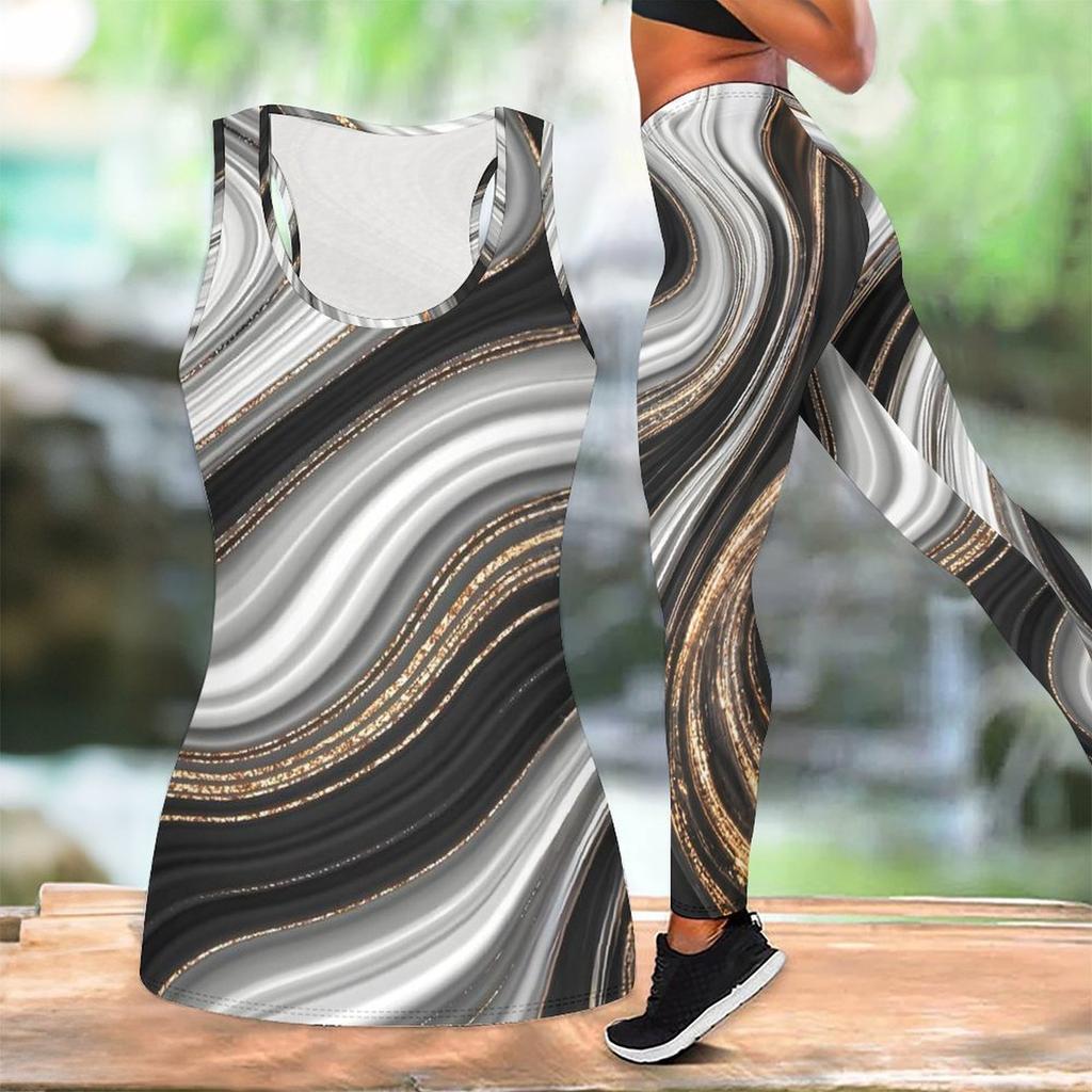 Marble Veining Printed Yoga Outfit for Women Fashion Workout Leggings Fitness Sports Casual Yoga Set Sports Suit