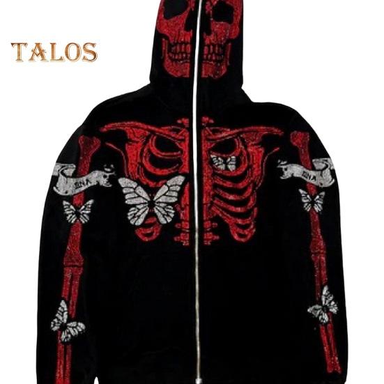 Unisex Halloween Hoodie Rhinestone Ghost Skeleton Pattern Zipper Closure Hooded Pockets Long Sleeves Party Cosplay Costume Fall Winter Jacket