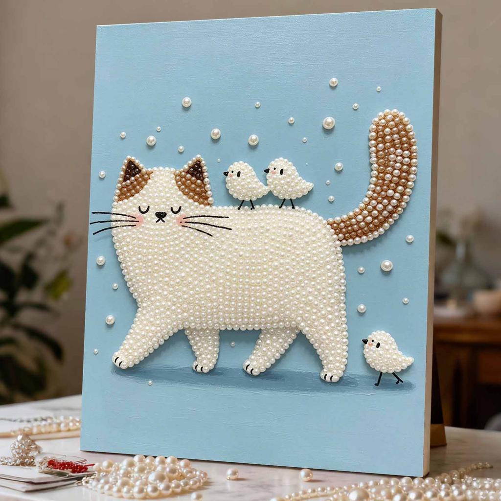 Easy DIY Framed Pearl Bead Painting Kit with Cute Cat and Little Birds 3D Sparkling Canvas Art for Home Decoration Gift Idea for Craft Fans