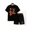 Boys' Summer Basketball Theme Casual Outfit Set with Print, Black Shorts, Comfortable Polyester Blend