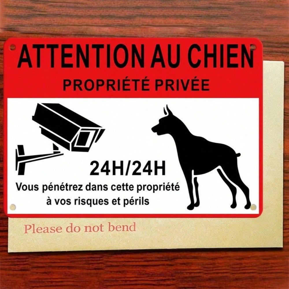 1PC Vintage French Dog Warning Tin Sign, Attention Au Chien Propriete Privee Metal Plaque, Retro Security Camera Canine Art