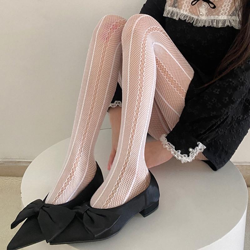 Women See Through Fishnet Mesh Pantyhose Stockings Japanese Aesthetic Hollowed Vertical Striped Pattern Tights Leggings