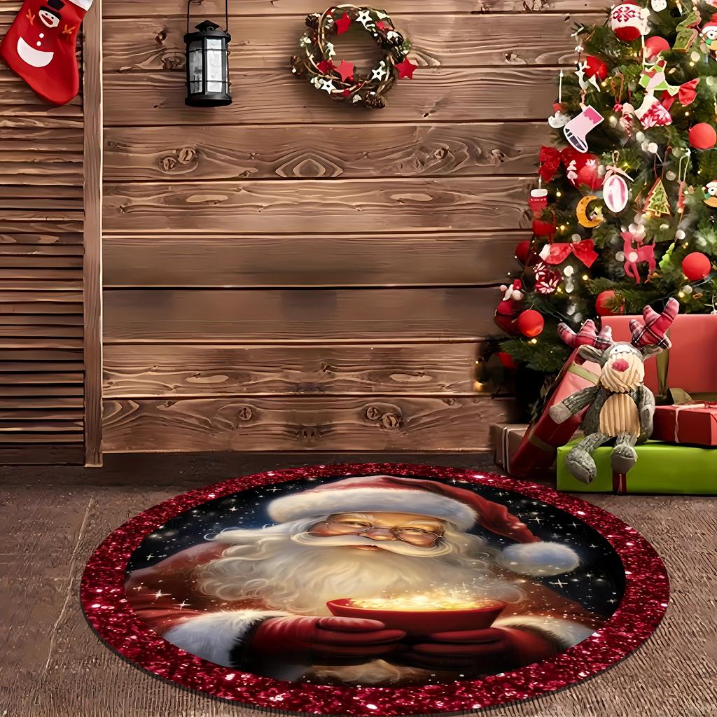 Luxurious Christmas Santa Claus Pattern Round Shape Floor Mats Kitchen Hallway Runner Rug Bedroom Living Room Soft Carpet Non-slip Area Rug