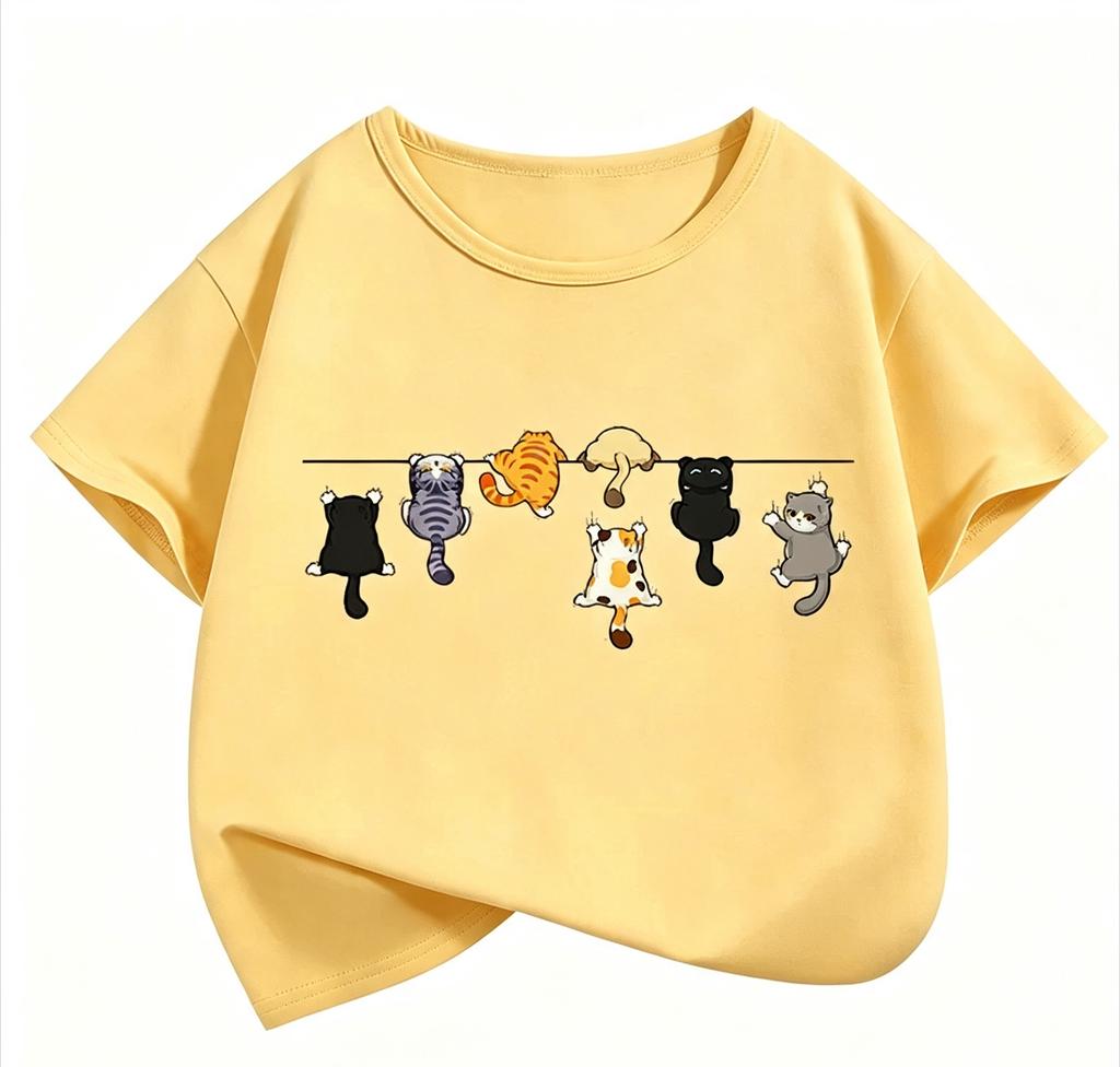 Climbing Cat Pattern Trendy Design Print T Shirts Short Sleeve Kids Children's T-shirt Boys Girls Summer Spring Casual Top Tee