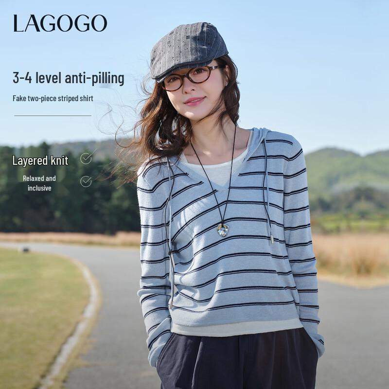 LAGOGO Striped Faux Two-Piece Hooded Knit Top