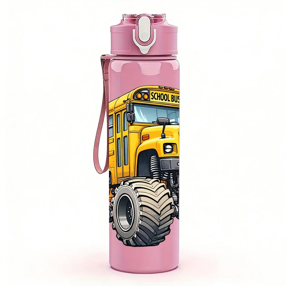 1PC Yellow Monster Truck School Bus Vehicle 750ml Color Plastic Sports Water Bottle Leakproof Flip Straw Lid Suitable for Sports Office Home Use