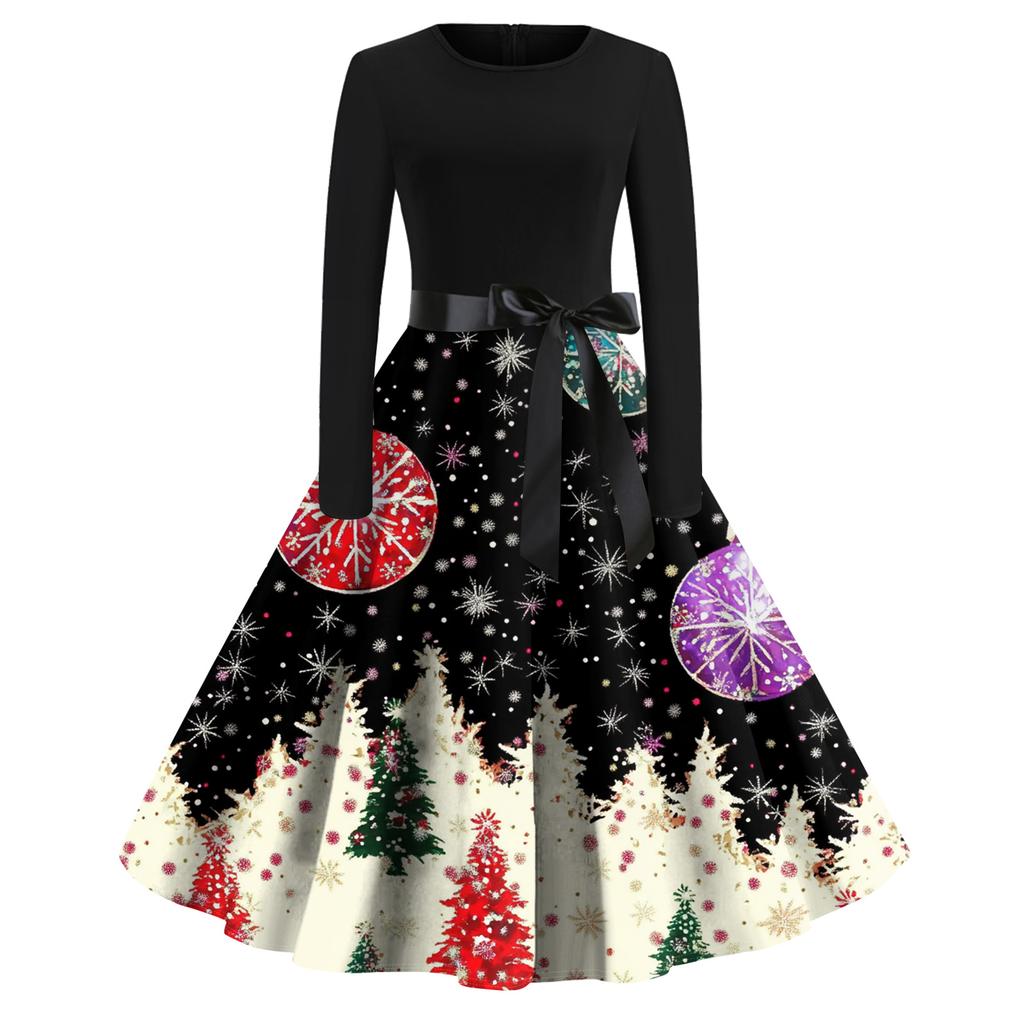 Women's Fashion Round Casual Slim Fit Christmas Print Large Swing Long Sleeve Dress