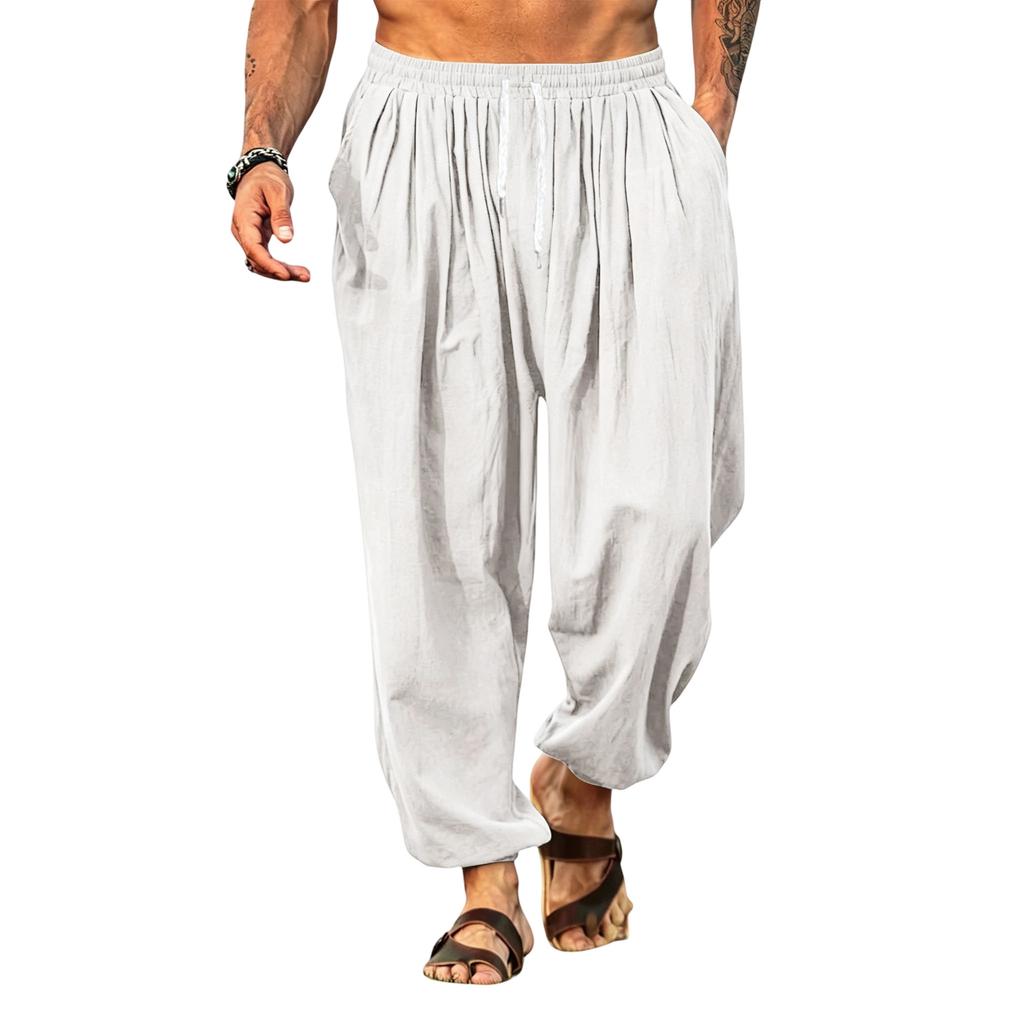 Linen Pants Men Drawstring Waist Relaxed Fit Mens Linen Pants Casual Lightweight Mens Beach Pants Comfortable Men Linen Pants for Daily Wear