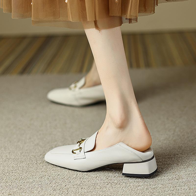 2025 New Versatile Single Shoes Thick Heel British Small Leather Shoes Genuine Leather Medium Heel Women's Shoes One Pedal Loafers Women
