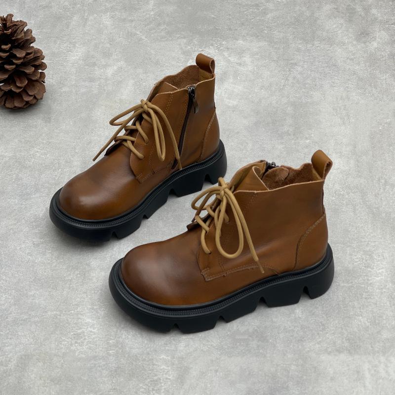 Johnature Botines Retro de Suela Gruesa Punta Redonda Versátiles Cuero Genuino Zapatos de Mujer