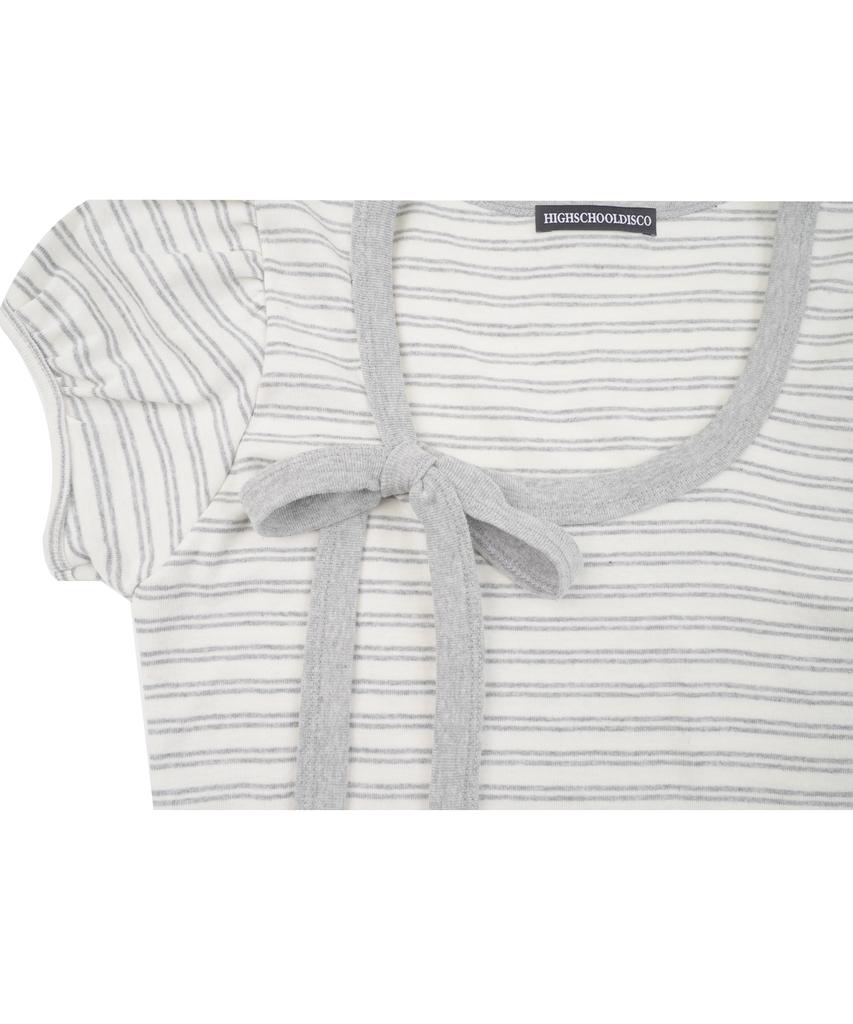 HIGH SCHOOL DISCO Striped Ribbon Puff Sleeve Short Sleeve_Melange Gray