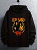 "Boy Band" Graphic Hoodie - Black Casual Pullover with Colorful Mask Design