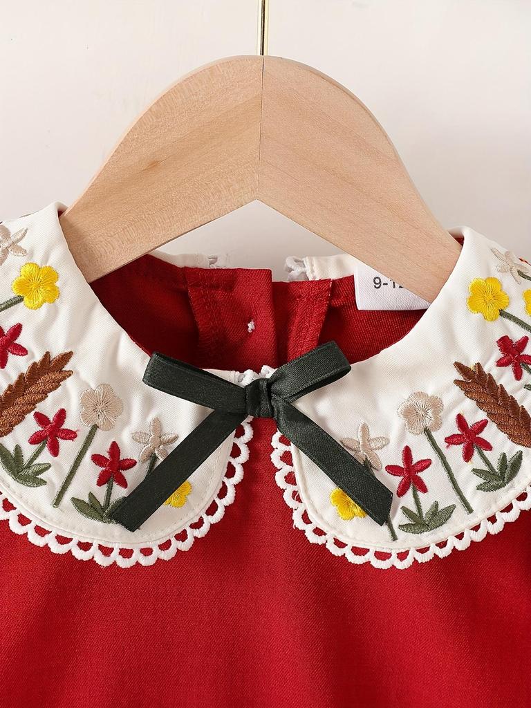 Adorable Red Vintage Dress for Toddler Girls | French-Inspired Floral Embroidered Peter Pan Collar with Bow, Long Sleeve Princess Dress