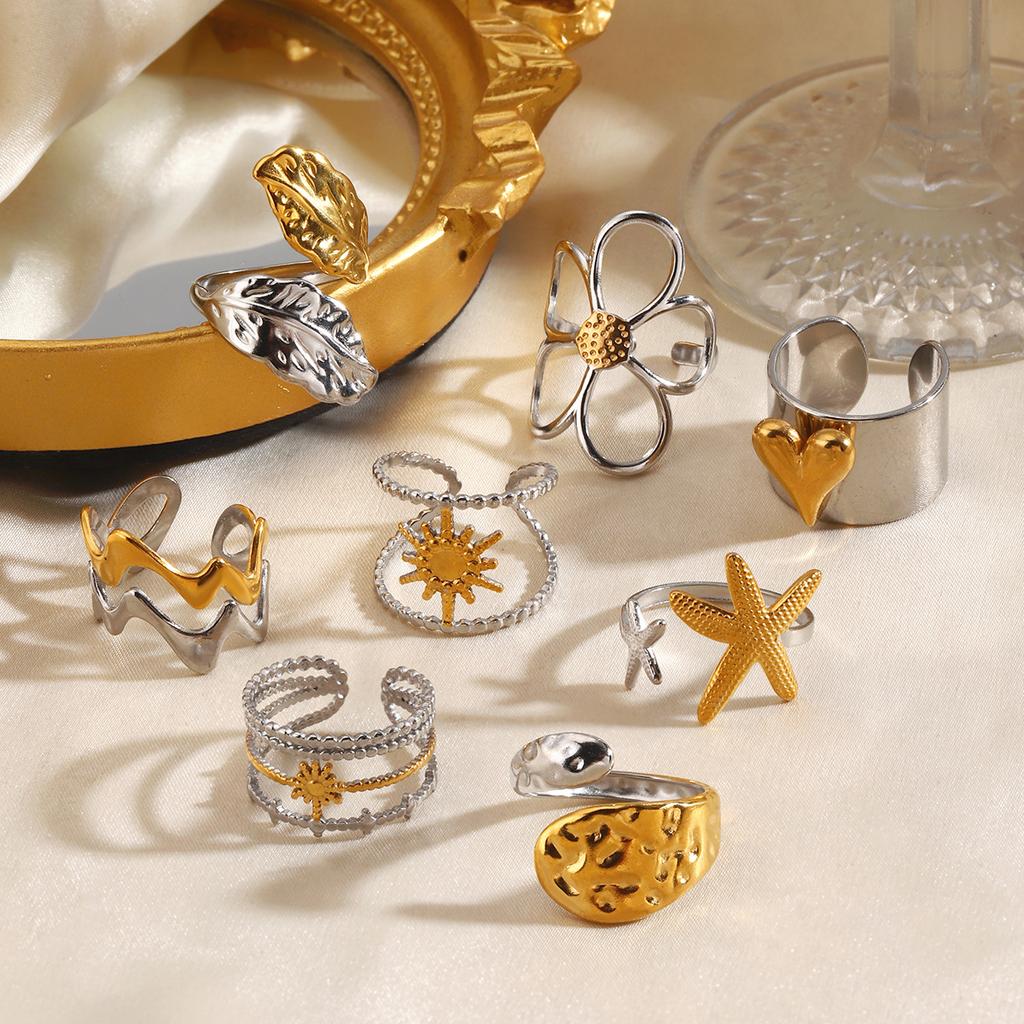 Vintage Gold Silver Color Flower Leaf Rings for Women Stainless Steel Irregular Chain Heart-Shaped Starfish Rings Jewelry Gifts