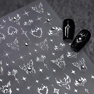 Geprägte Nageltattoos mit Strasssteinen & silbernen Verzierungen, Vintage-Stil Nail Art Decals für DIY-Maniküre, DIY-Nagelkunst