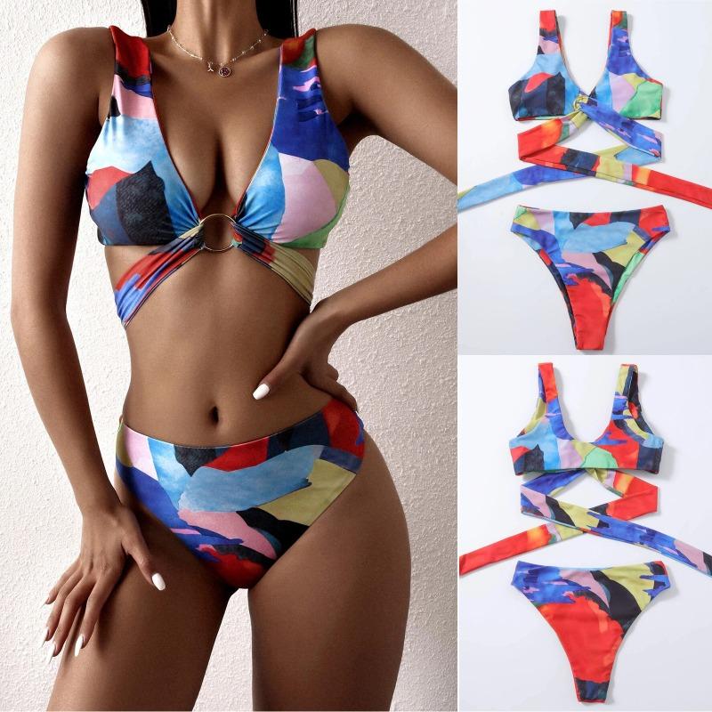 Women's Bandana Paisley Print High Waist Bikini Set, Halter Two Piece Swimsuit