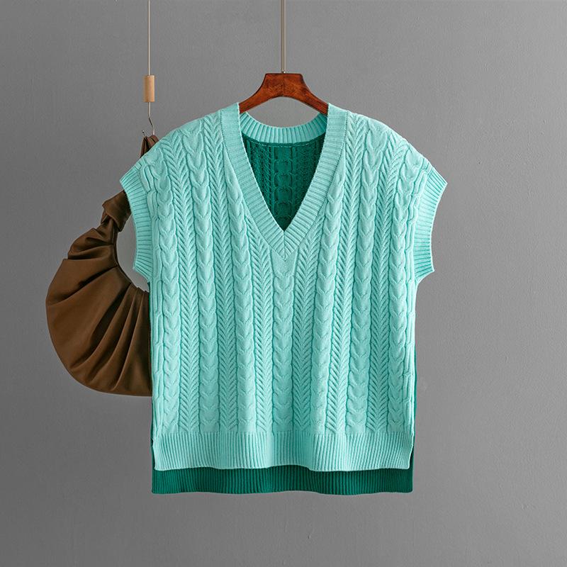 Dámský podzimní zimní ležérní svetr s výstřihem do V bez rukávů s kosočtvercovým pleteným vzorem