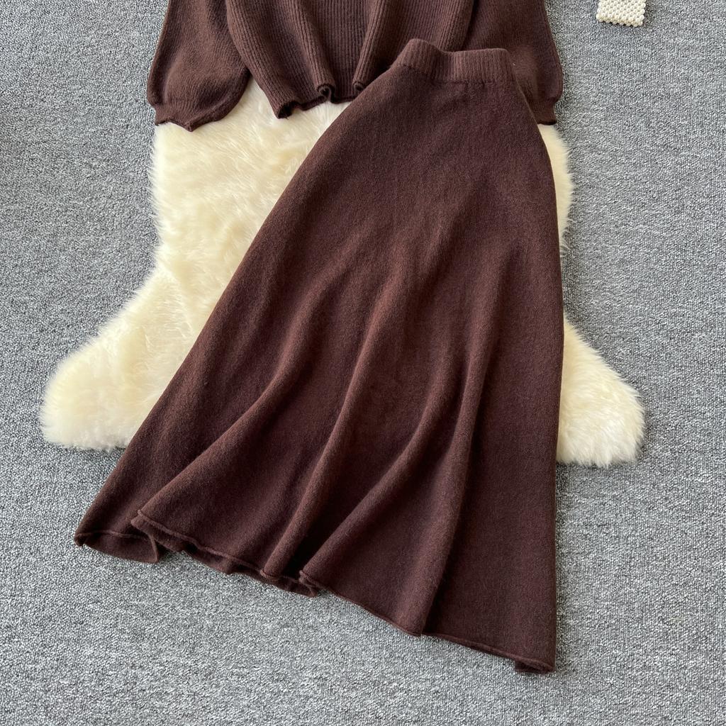 Autumn Casual Two Pieces Sets Women O-Neck Loose Knitting Top+Elastic Waist Large Swing Skirt Basic Korean Winter Sets