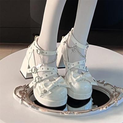 Punk Nieten Metallkette Klobige Plateaupumps Damen Y2k Lackleder Eckige Zehenpartie Mary Jane Schuhe Frau Hohe Absätze Lolita Schuhe