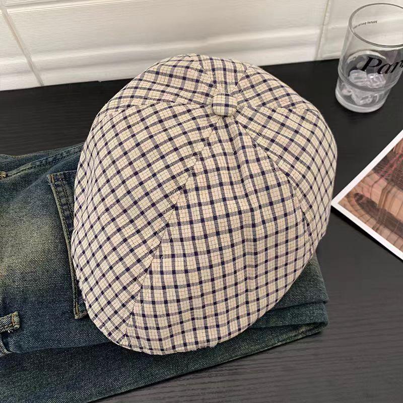 Retro Japanese Color Matching Plaid Forward Hats for Women Spring and Summer Travel Sunscreen Versatile Casual Literary Berets