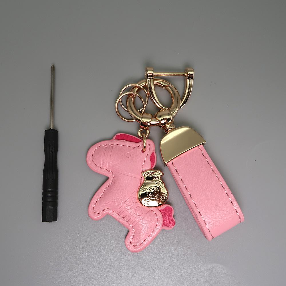 Instant Wealth Leather Keychain with Cartoon Pony Pendant for Couples – Trendy Bag and Car Accessory