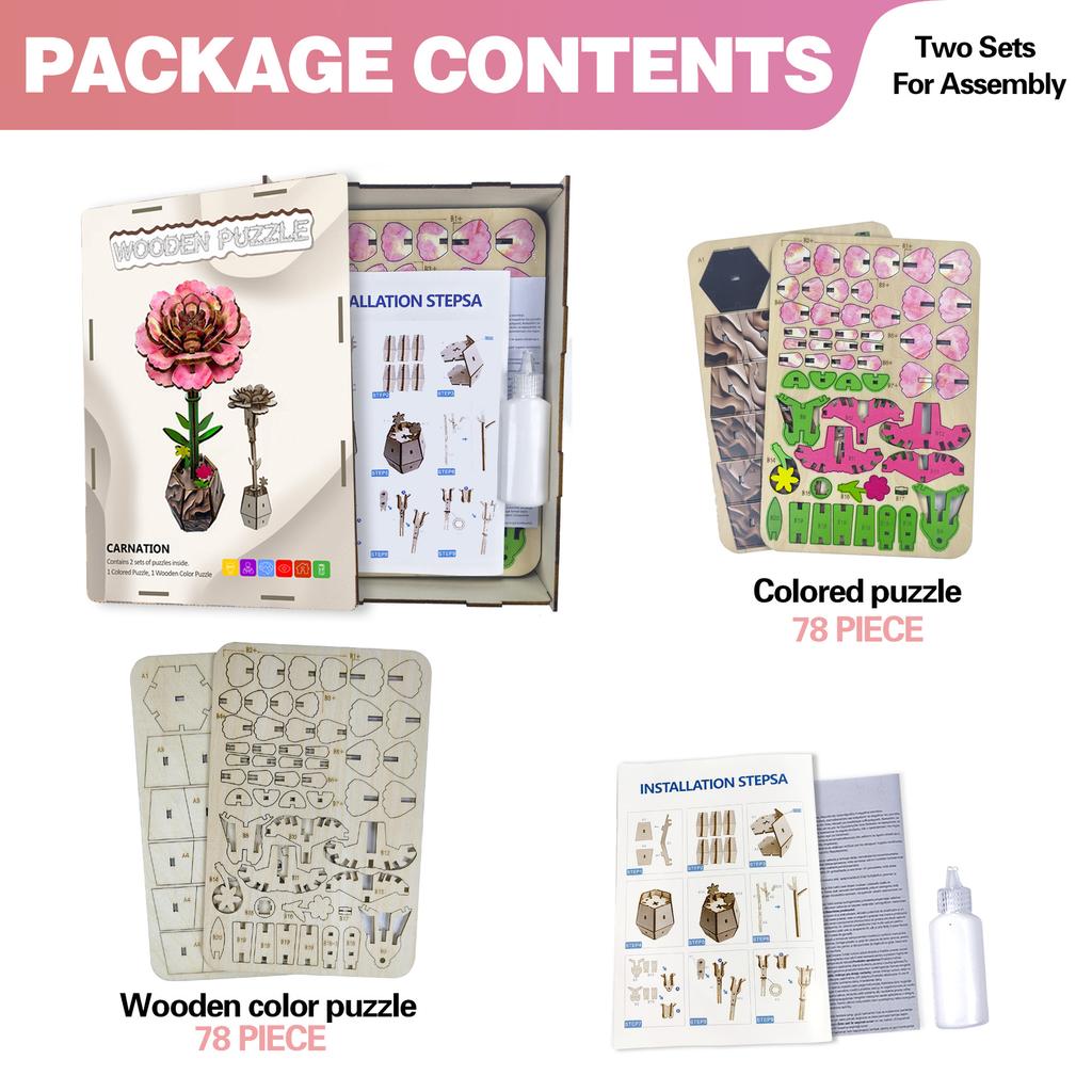 Wacocetoy Cross-Border Carnation Puzzle 3D Wooden Diy Coloring Toy 2-In-1 Set Handmade Puzzle