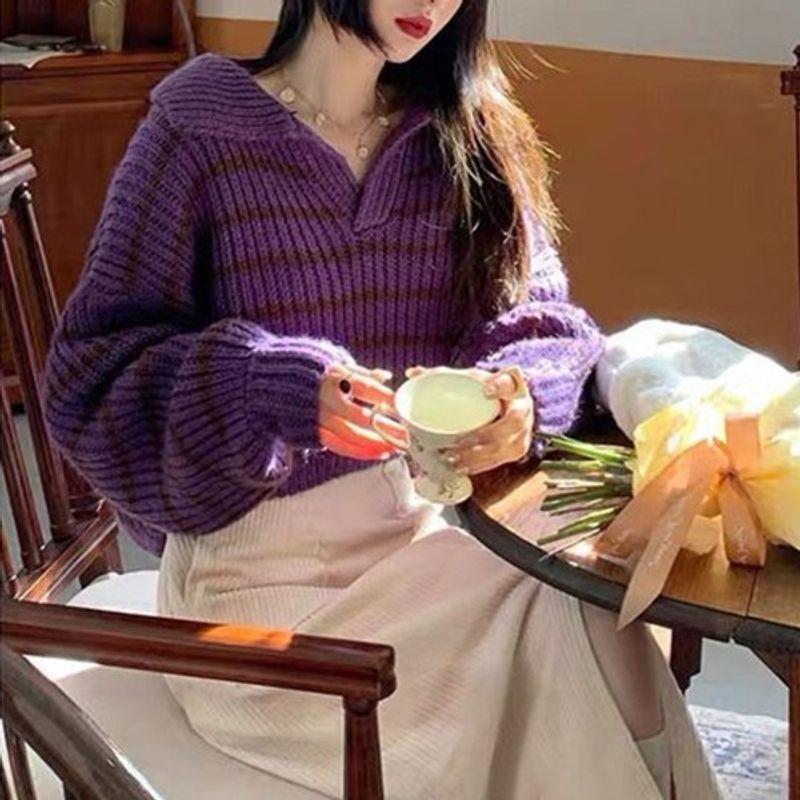 New Fall Women's Clothing Stripes Sweater Stylish Niche Style Knitwear Loose Outer Wear Small Short Tops