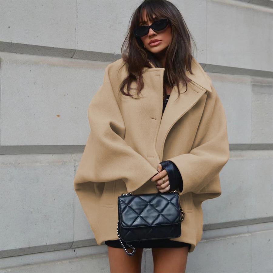 Women's Lapel Oversized Bat Sleeve Loose Wool-like Mid-length Coat NIZI8182