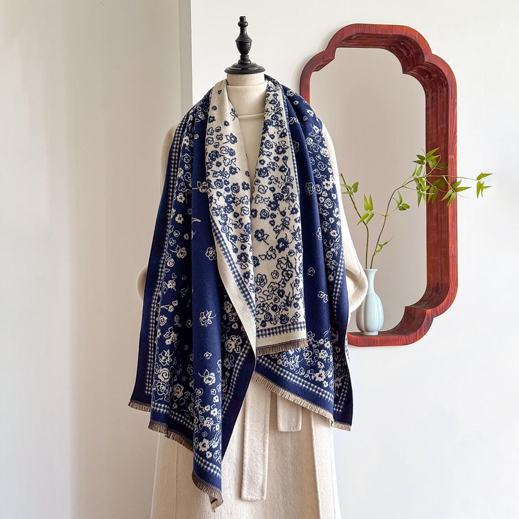 Winter Luxury Women'S Two-Sided Pashmina Wrap Flower Jacquard Imitation Cashmere Scarf Thick Warm Design For Casual Wear